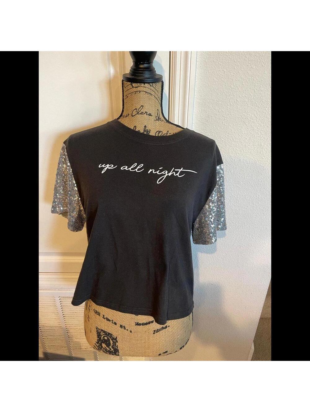 “UP ALL NIGHT” Sequence halter half top t shirt size XL BY MIGHTY FINE